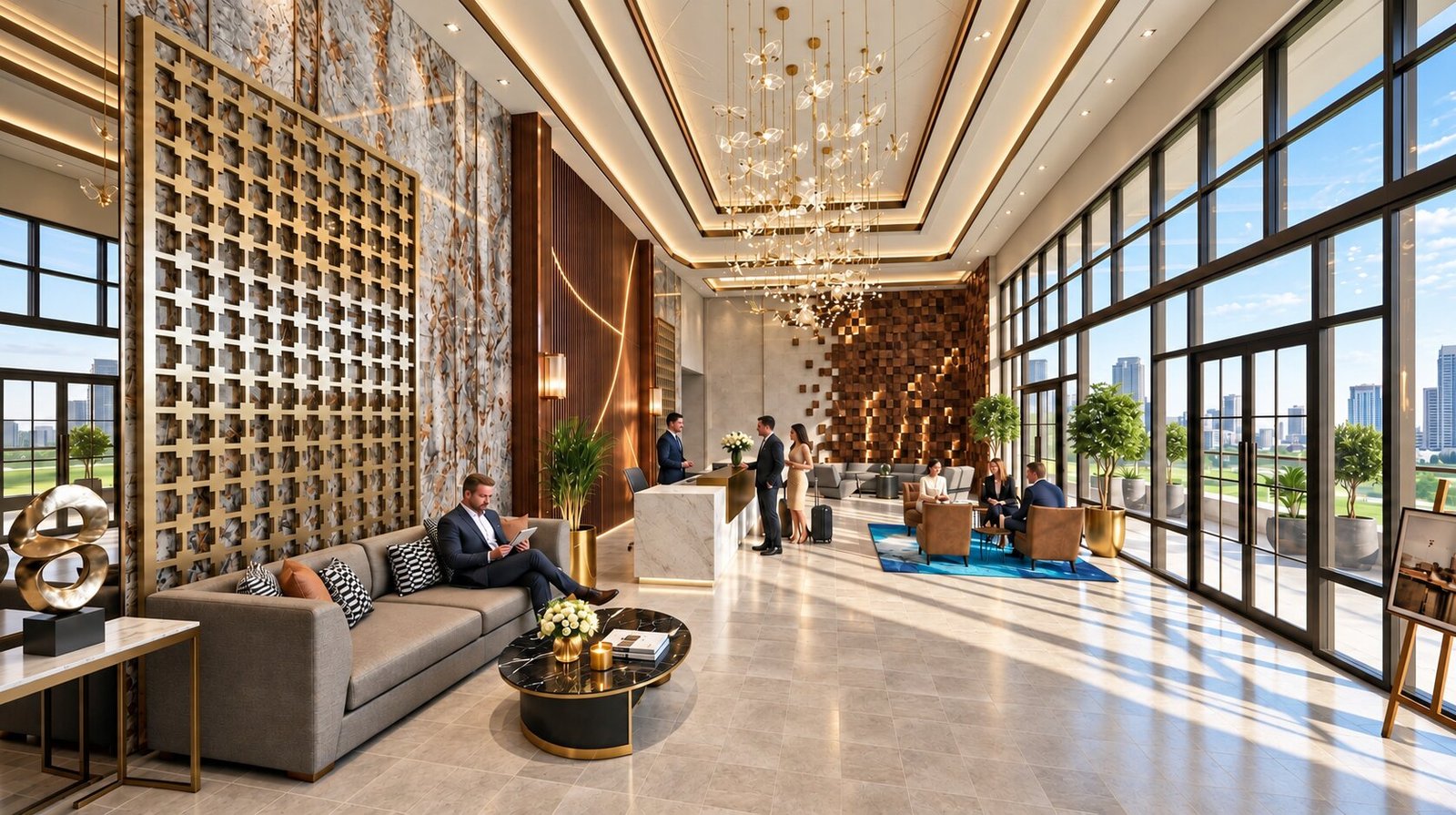 Luxury hotel lobby interior design with a welcoming atmosphere. — Photorealistic Interior Renders Houston