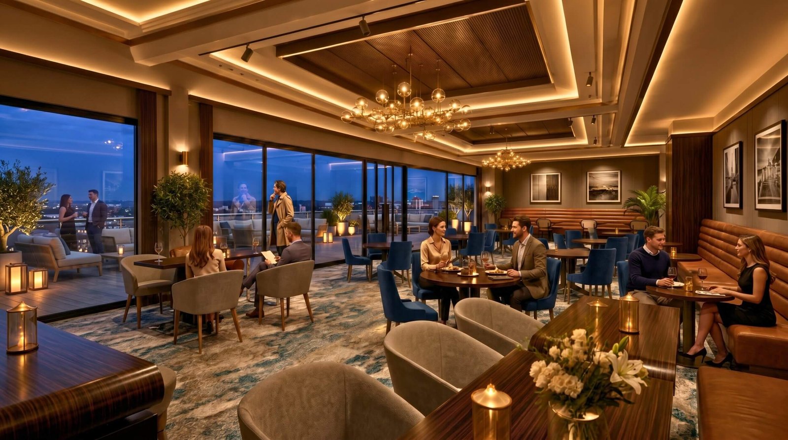 Premium rooftop restaurant and lounge interior with warm lighting, stylish seating, luxury finishes, outdoor terrace views, and elegant hospitality ambiance.