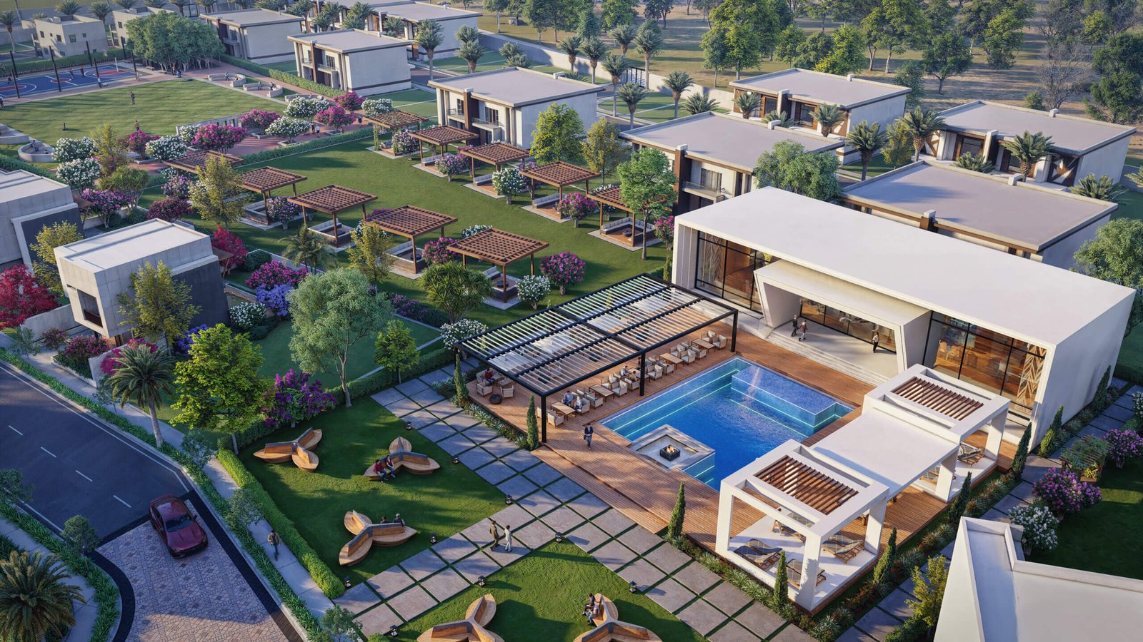 Luxury clubhouse with swimming pool and outdoor lounge, 3D interior visualization for a Miami residential amenity deck.