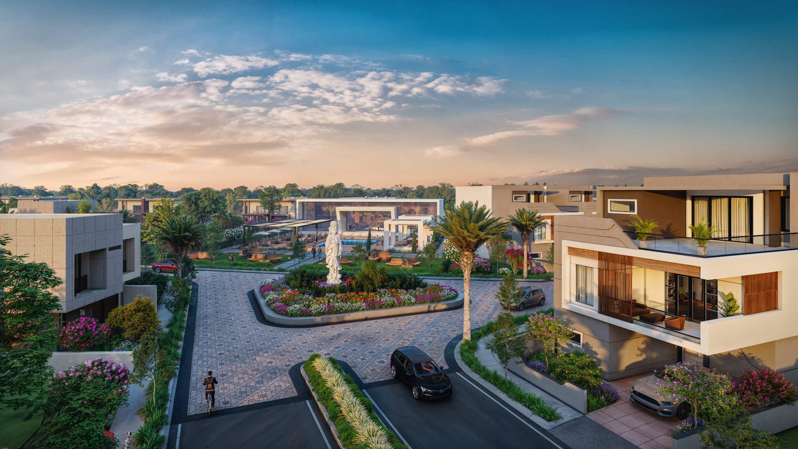 Luxury villa community entrance street view created through residential exterior rendering in Miami, USA.