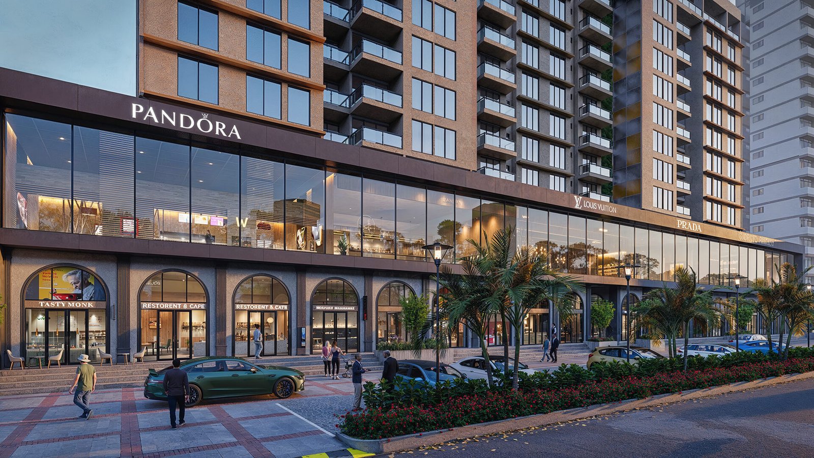 Premium commercial retail boulevard and shopping plaza rendered with 3D exterior rendering services for a Miami mixed-use community.