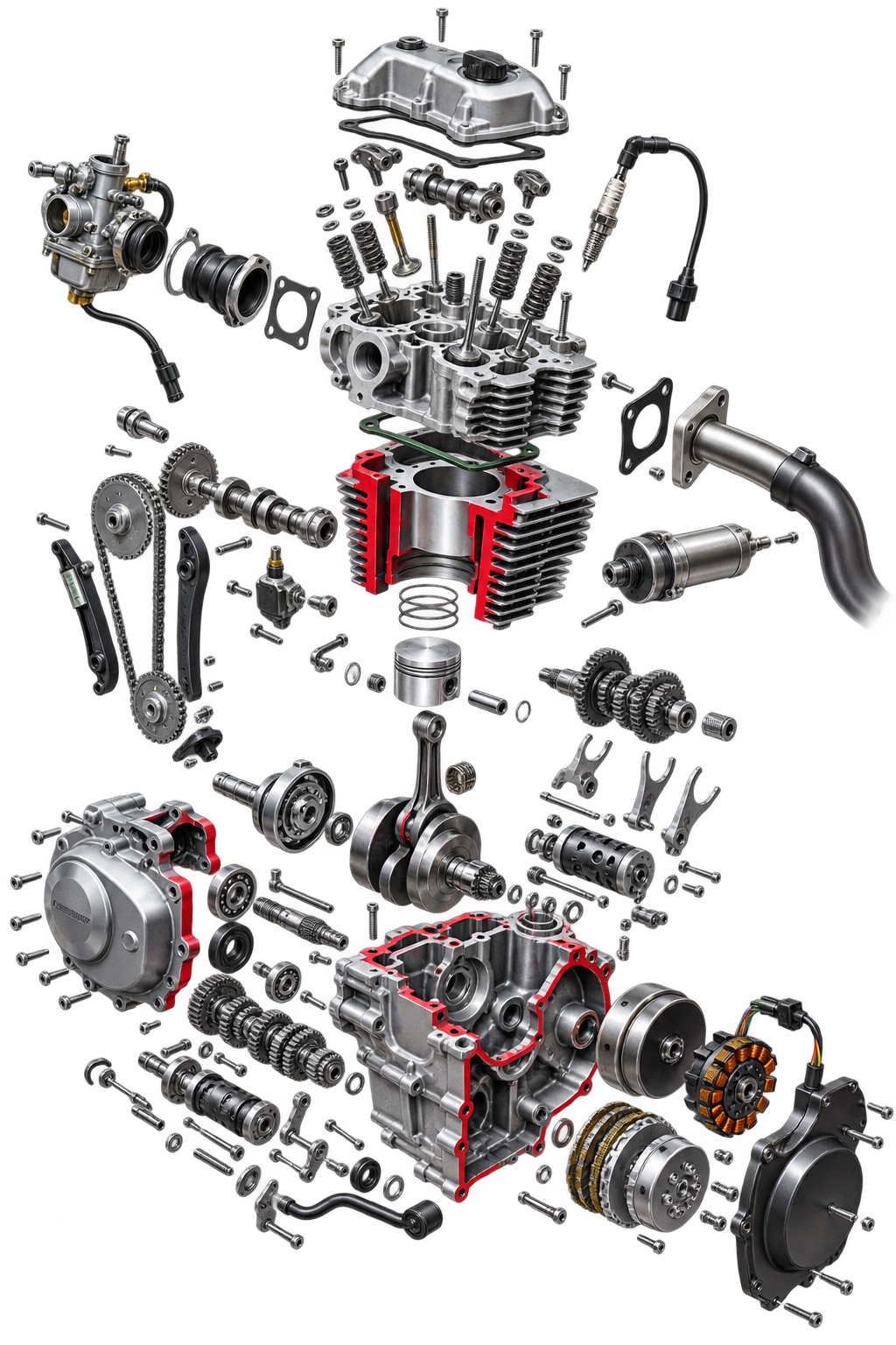 Exploded view of a motorcycle engine showing individual components including piston, crankshaft, cylinder head, valves, gears, clutch, and transmission system.