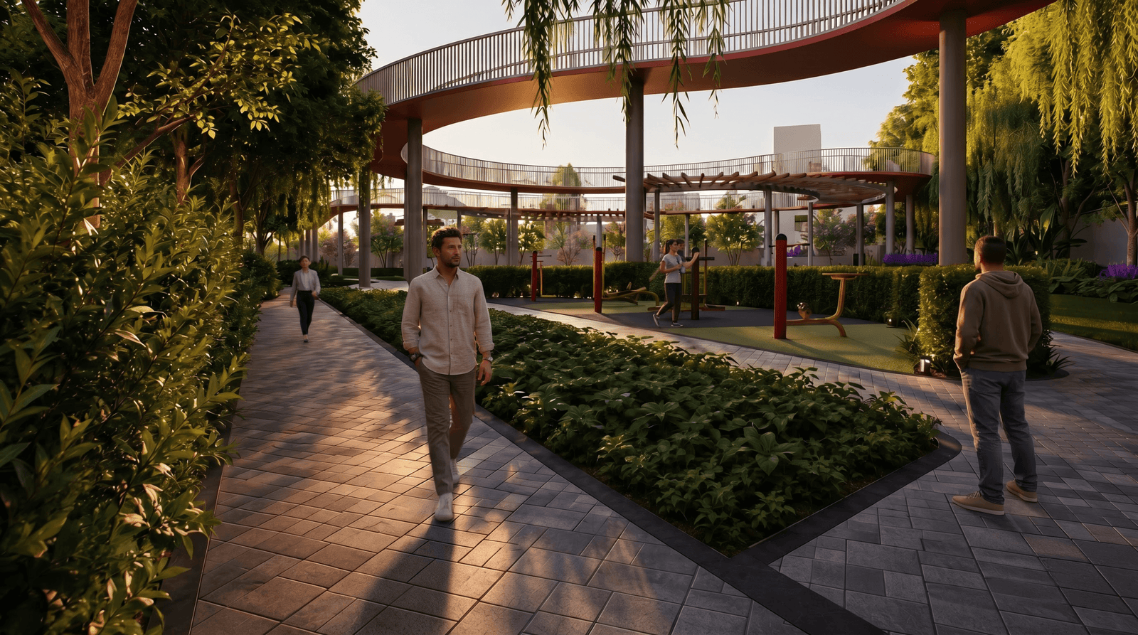 Modern landscaped walkway and recreational zone within a lakefront villa township, rendered in photorealistic 3D.