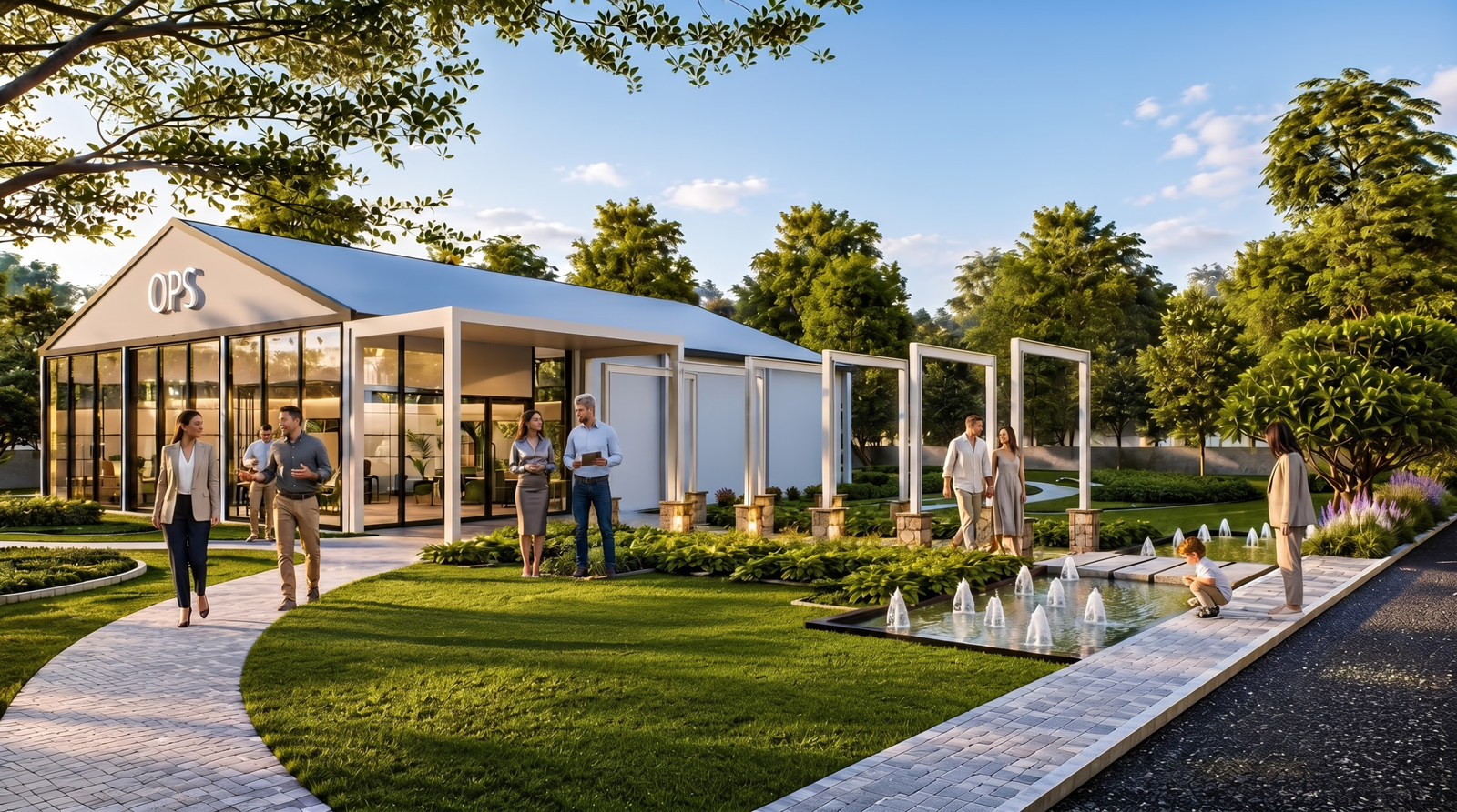 Clubhouse landscape rendering with a reflective water feature created by an exterior 3D modelling company for a villa township.