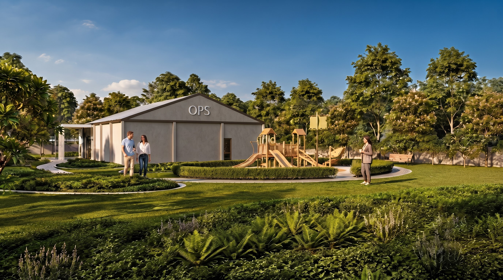 Modern villa community pavilion and children's play garden rendered using 3D exterior modelling services.