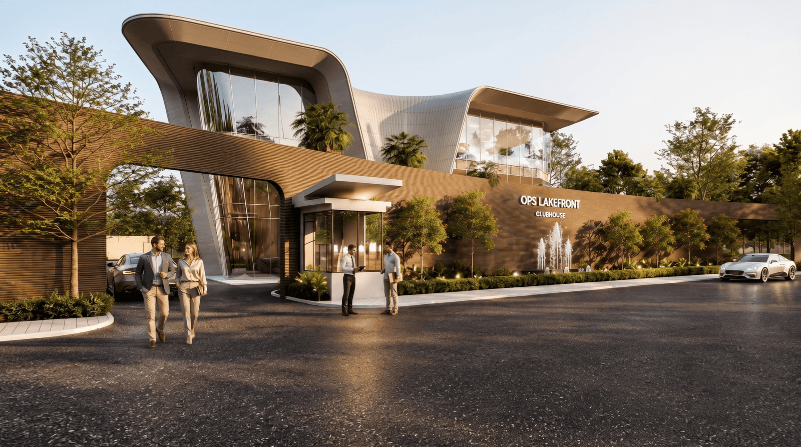 Photorealistic 3D exterior rendering of a lakefront clubhouse grand entrance for a modern villa community.