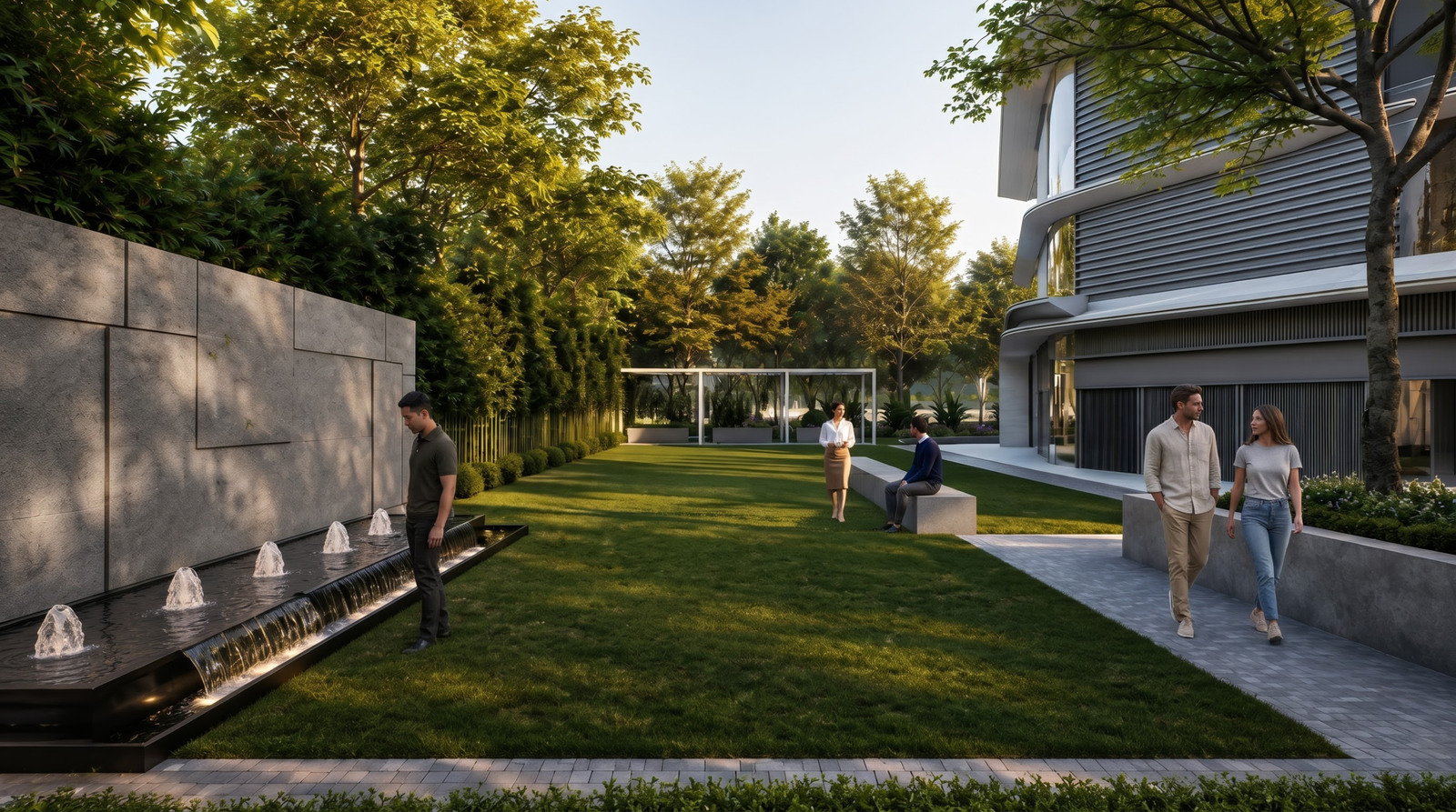 3D exterior elevation of a villa community clubhouse facade and arrival driveway rendered in photorealistic detail.
