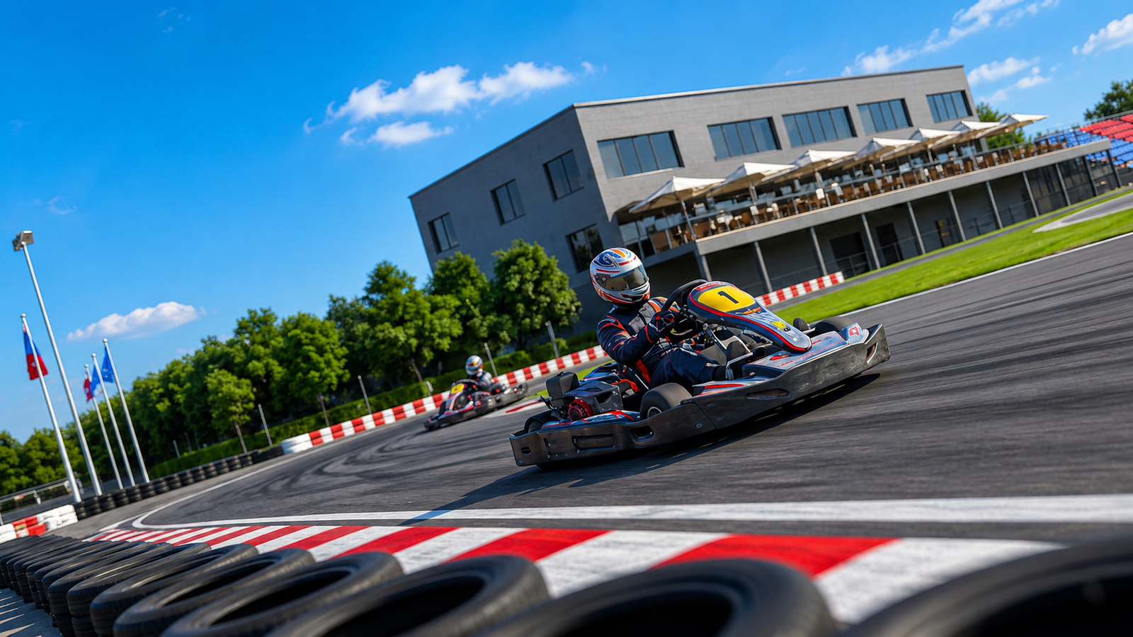 Go-kart racer speeding through a sharp corner on a modern circuit, 3D rendering for a Romanian motorsport complex.