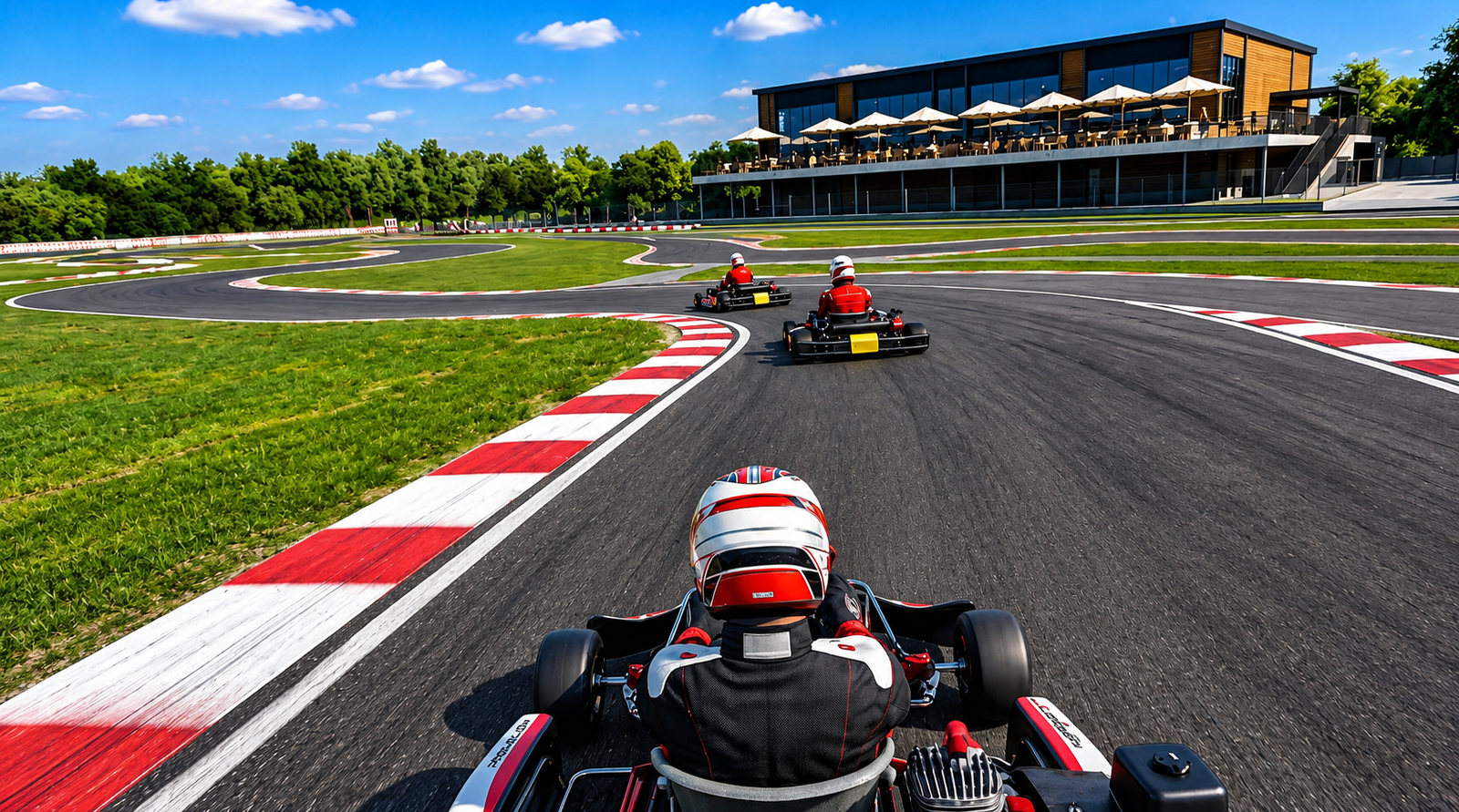 Go-kart racing action on the circuit, 3D rendering for a Romanian motorsport complex.