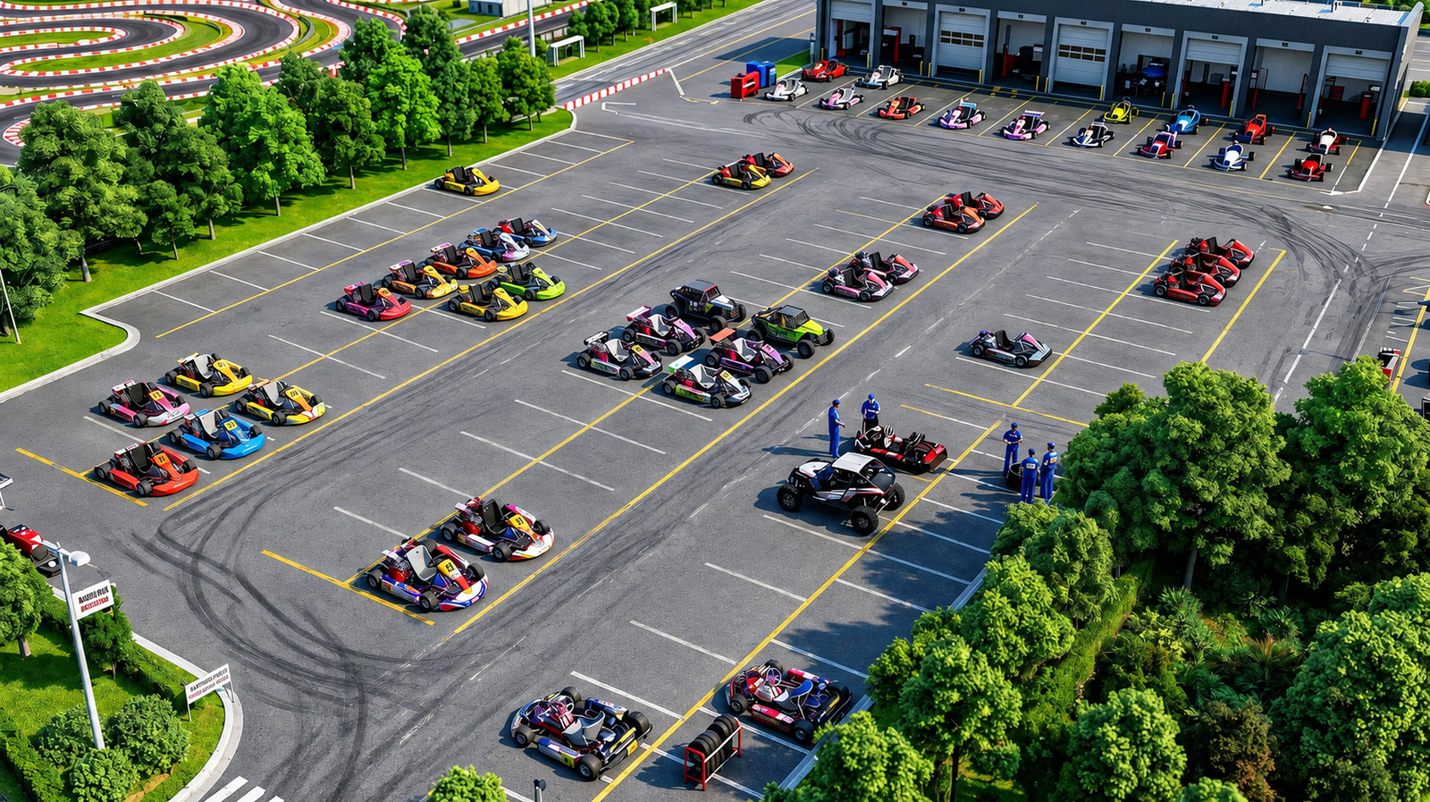 3D exterior rendering of the kart staging and parking area at a go-kart racing complex in Romania.
