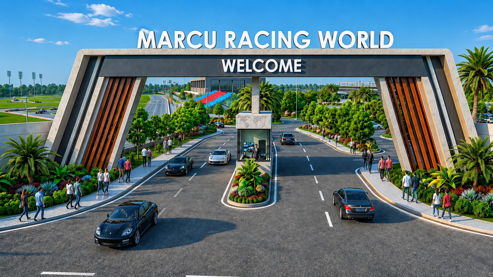 Modern racing facility entrance gate with cars, pedestrians and landscaped boulevard at sunset