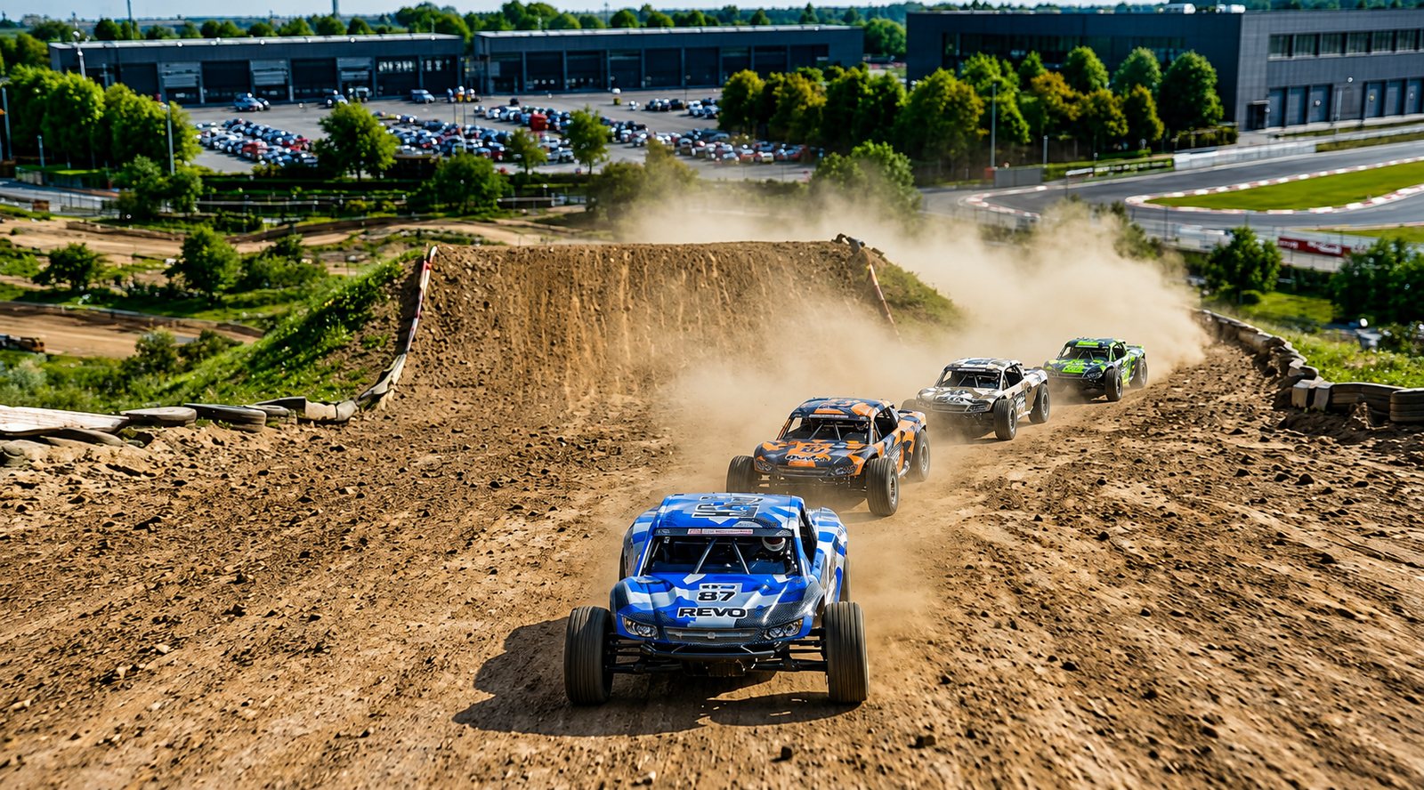 Off-road racing trucks in action on a dirt track, 3D rendering for a Romanian motorsport complex.