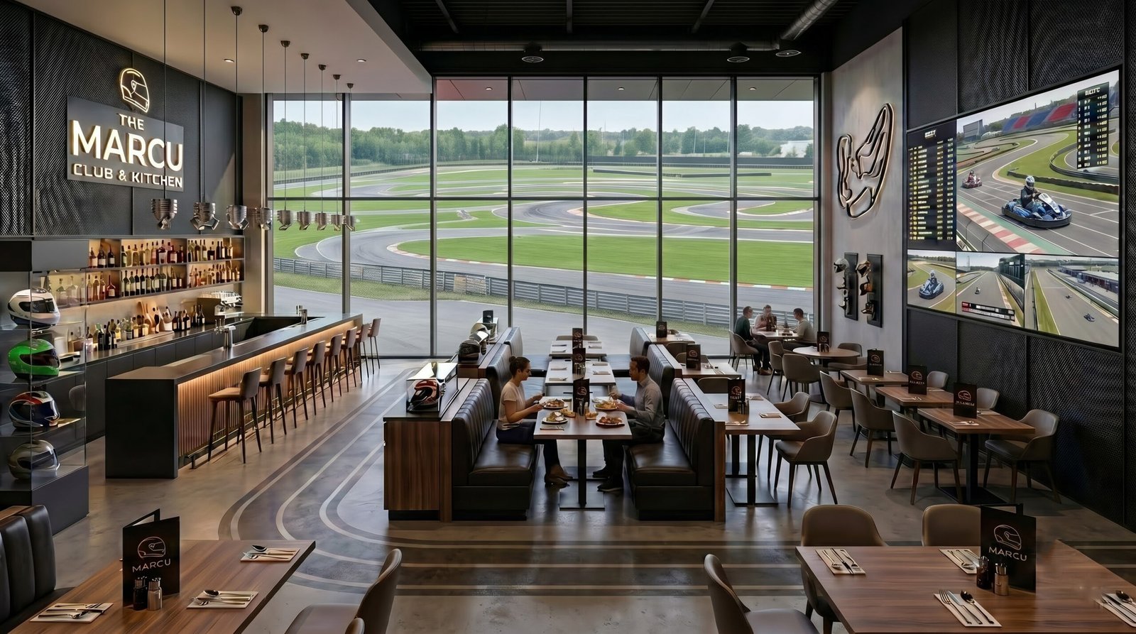 Interior design 3D rendering of the racing club restaurant at a Romanian go-kart complex.