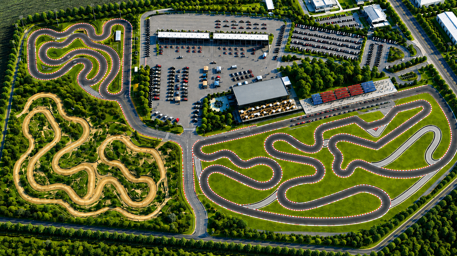 Aerial masterplan layout of a go-kart racing complex created through 3D architectural visualization studio services.