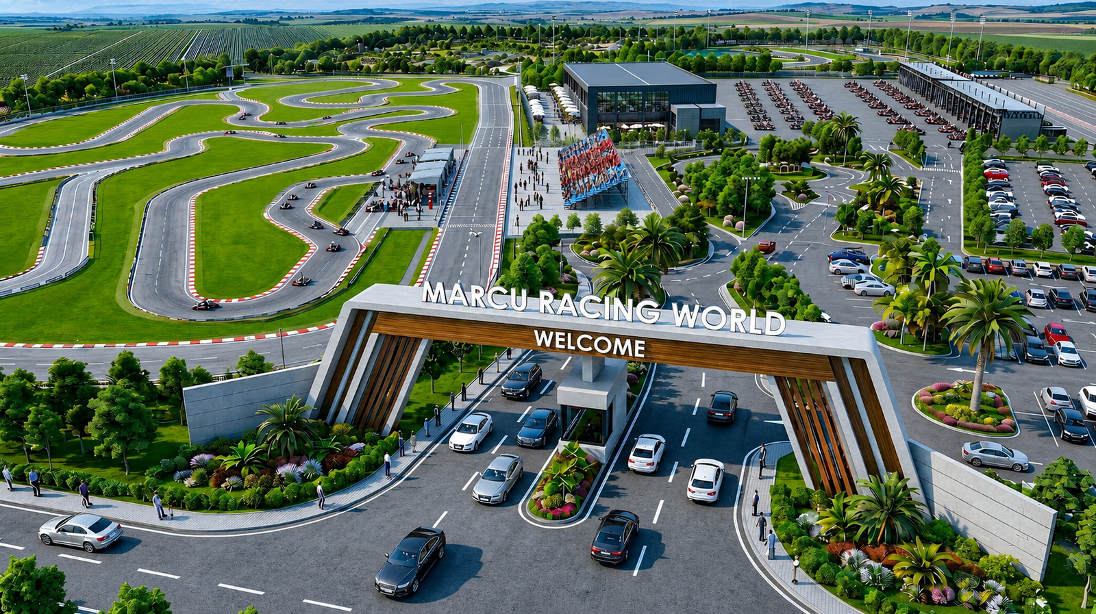 Main entrance gate of Marcu Racing World rendered through 3D architectural visualization, Romania.