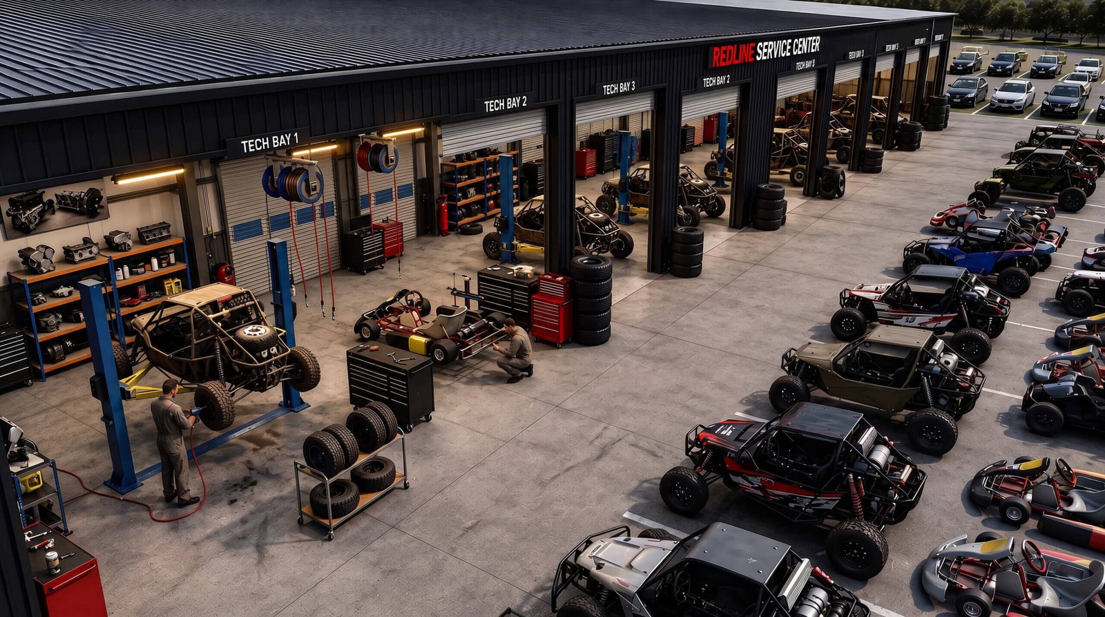3D exterior rendering of the vehicle service center at a go-kart racing complex, Romania.