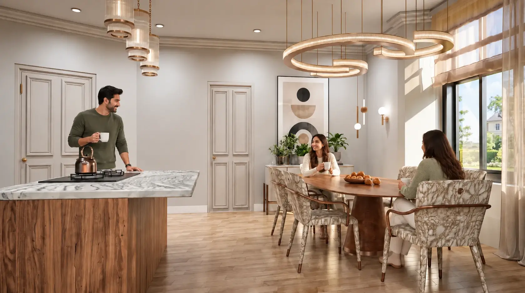 Open plan kitchen and dining area in 3D rendering