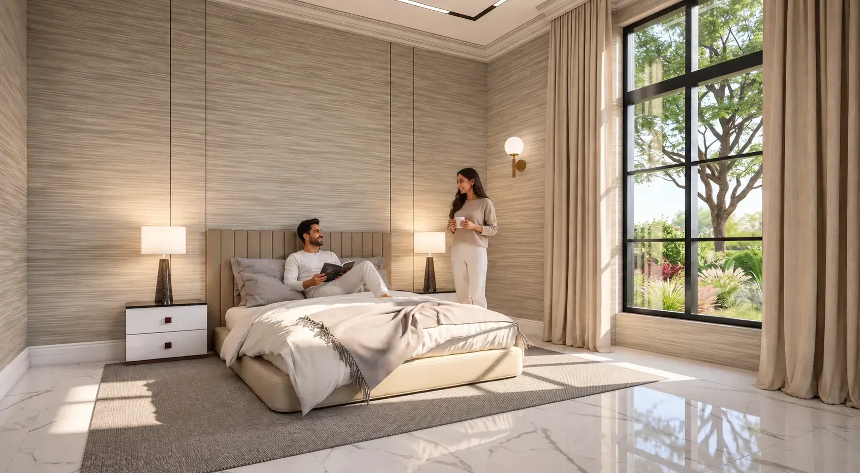 Minimalist bedroom with large window in 3D rendering — 3D Interior Visualization Services Wellington