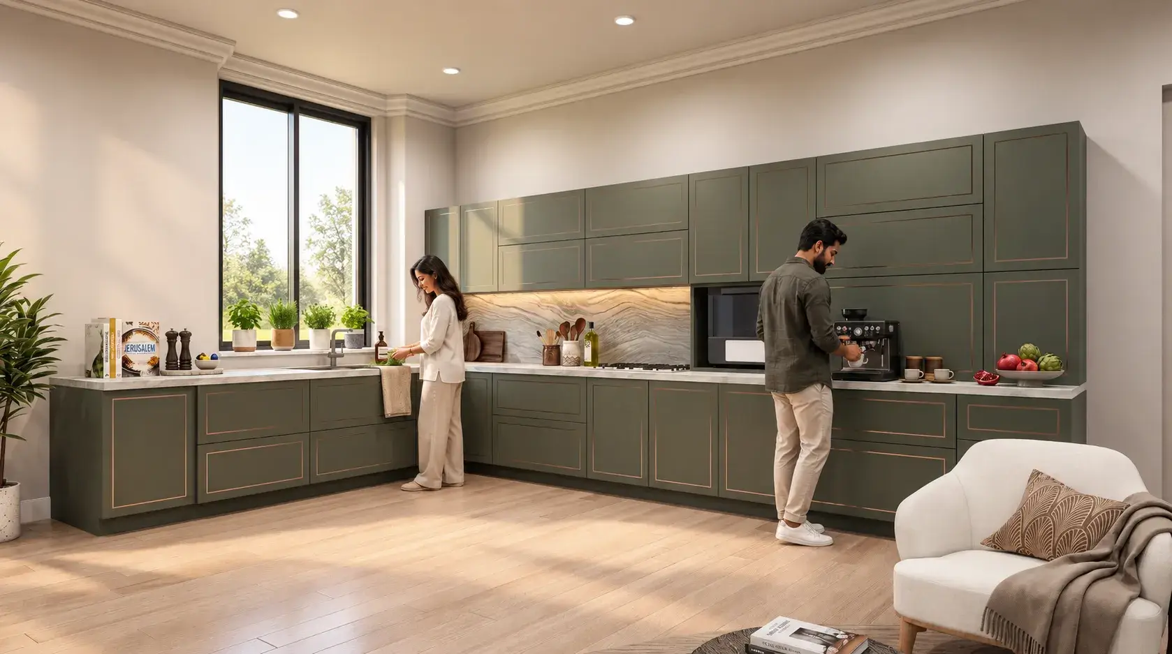 Couple in modern kitchen design in 3D rendering — Interior Rendering For Architects Wellington