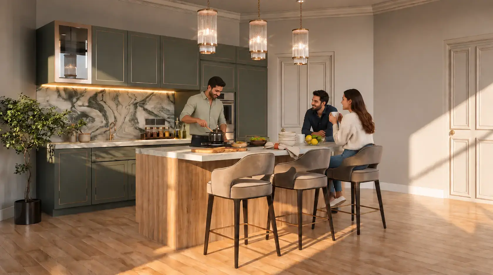 Family space with kitchen island in 3D rendering — Interior Architectural Visualization Wellington