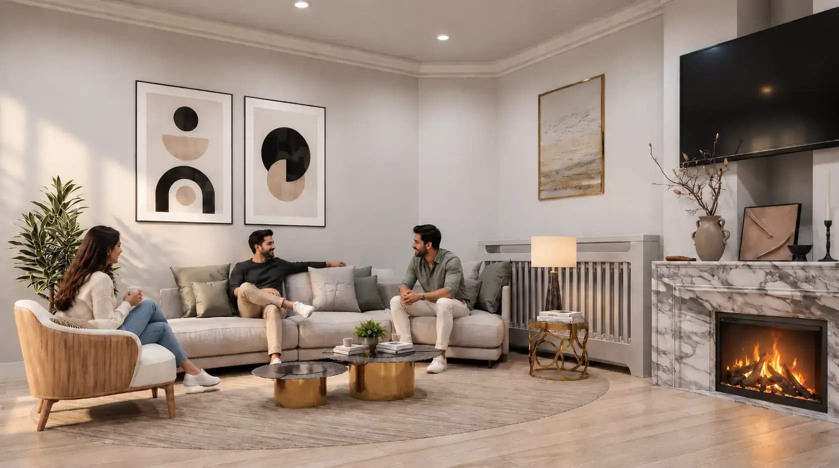 Modern living room with fireplace in 3D rendering — Hotel Interior Rendering Wellington