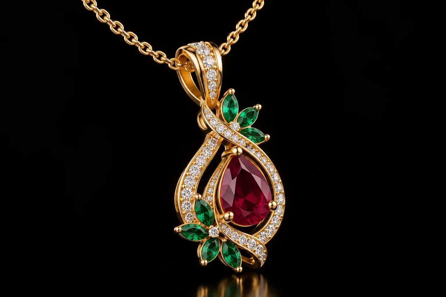 A ruby pendant surrounded by green gemstones. — 3D Jewellery Product Render Company Surat