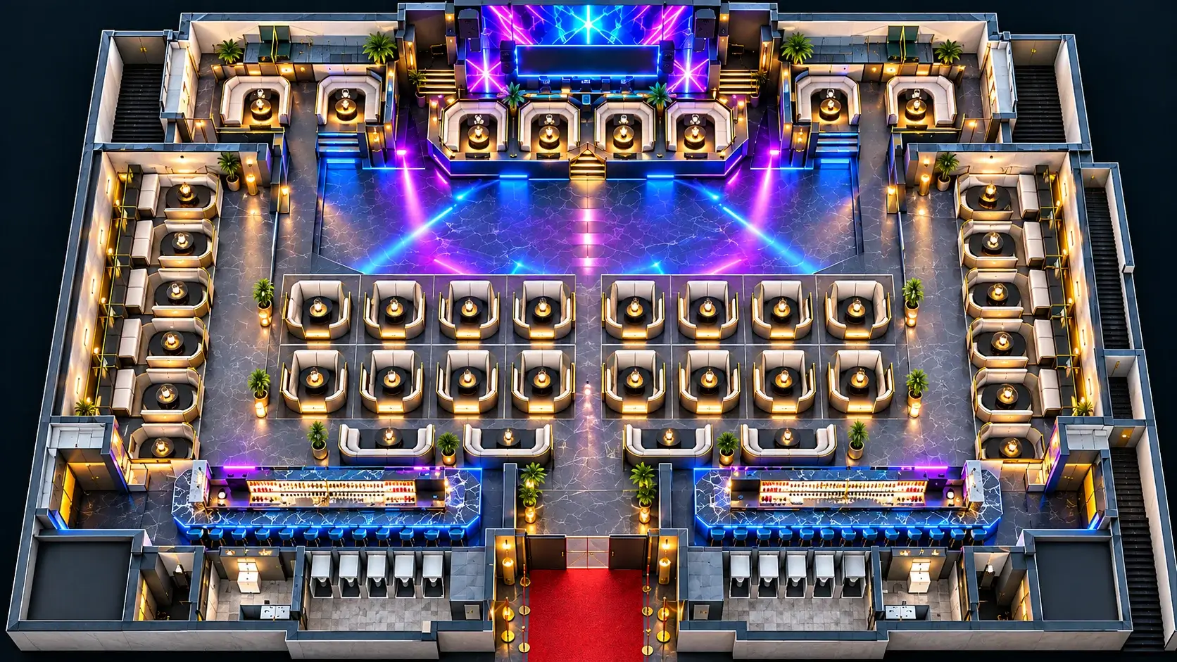 Aerial view of a club floor plan with seating and lighting