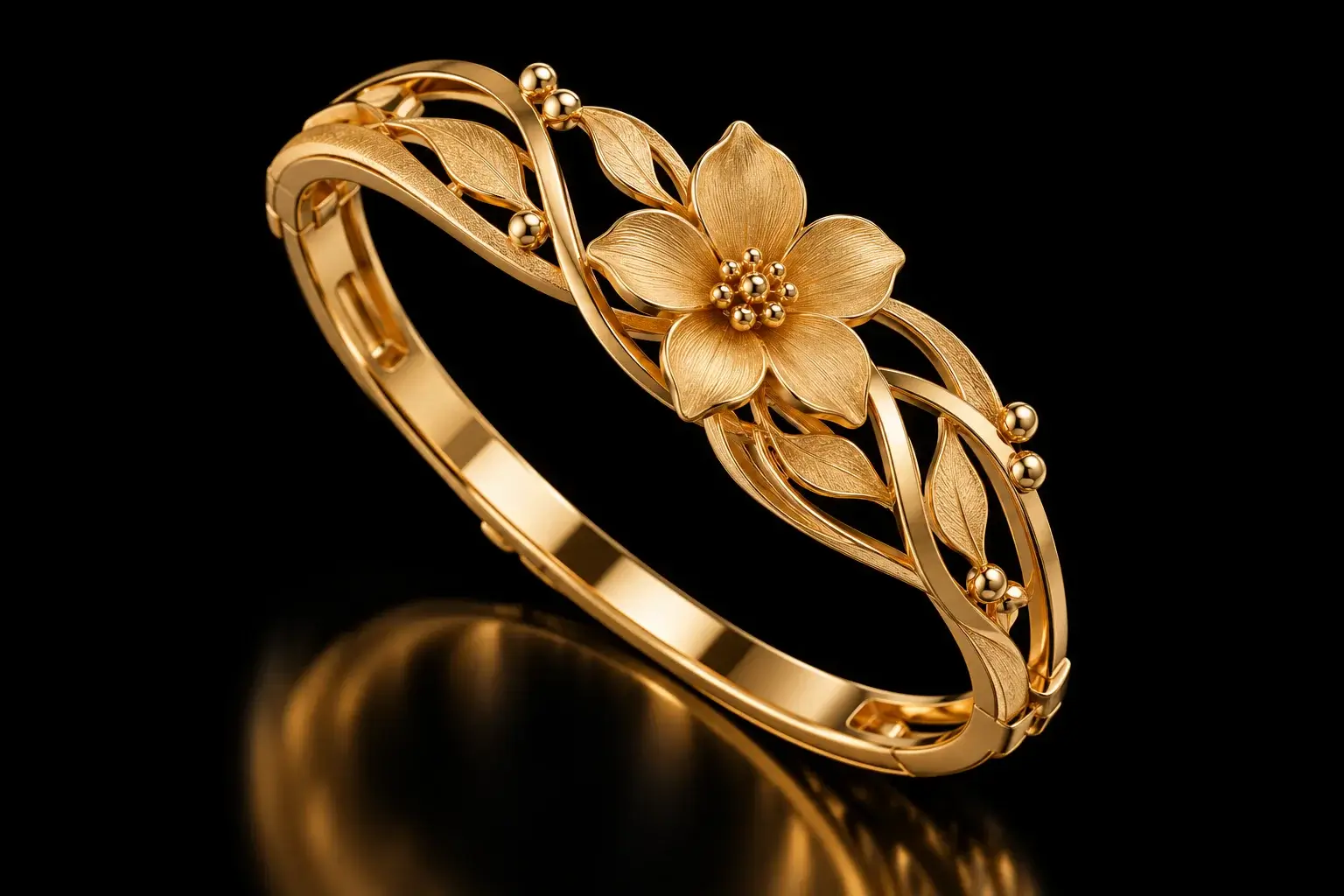 A floral bracelet made of gold with a delicate flower.