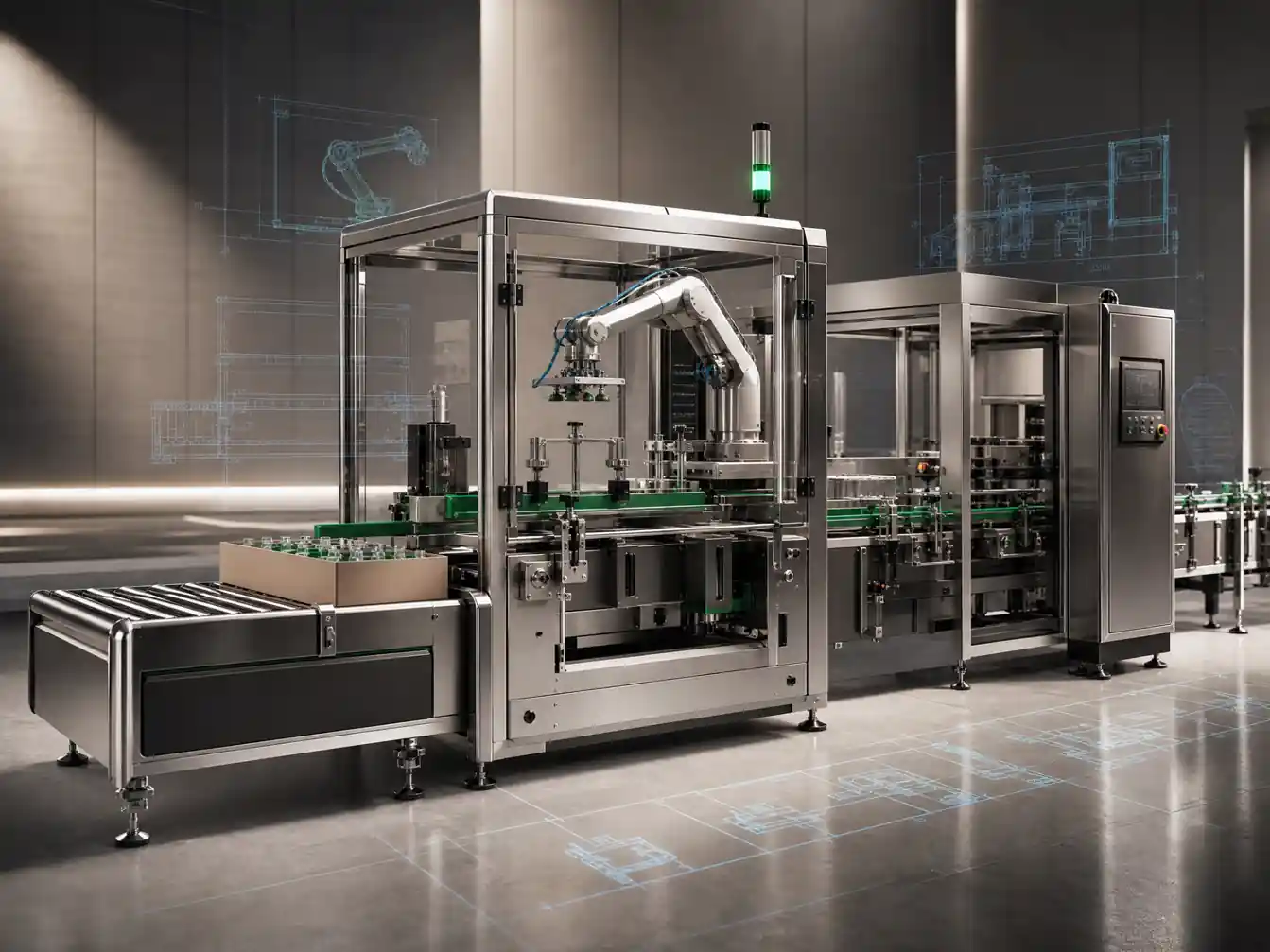 Automated factory equipment in warehouse setting with lighting and safety markings visible. — Industrial Machinery Animation