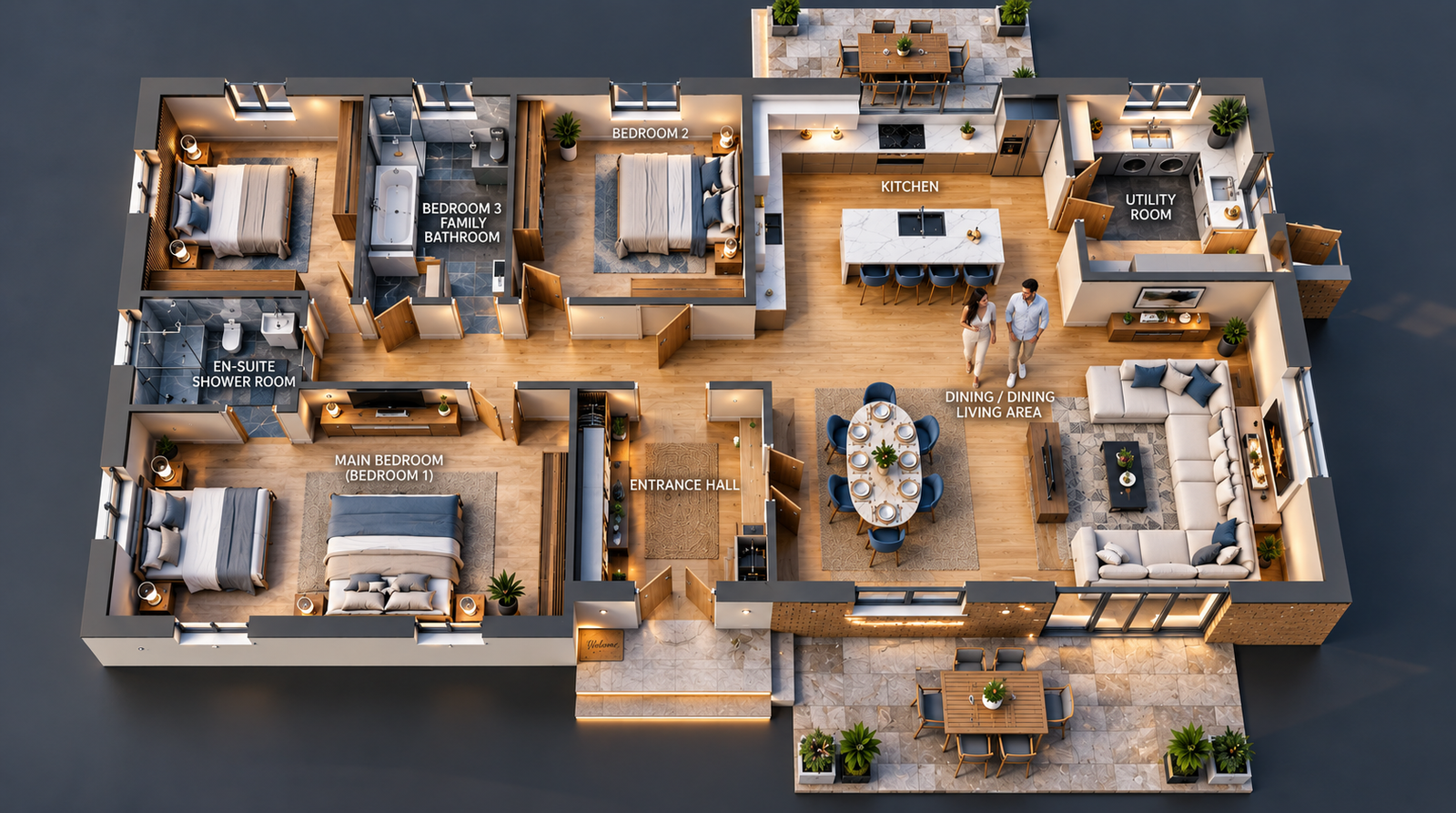 3D floor plan rendering of a three-bedroom family home layout with patio, Ireland