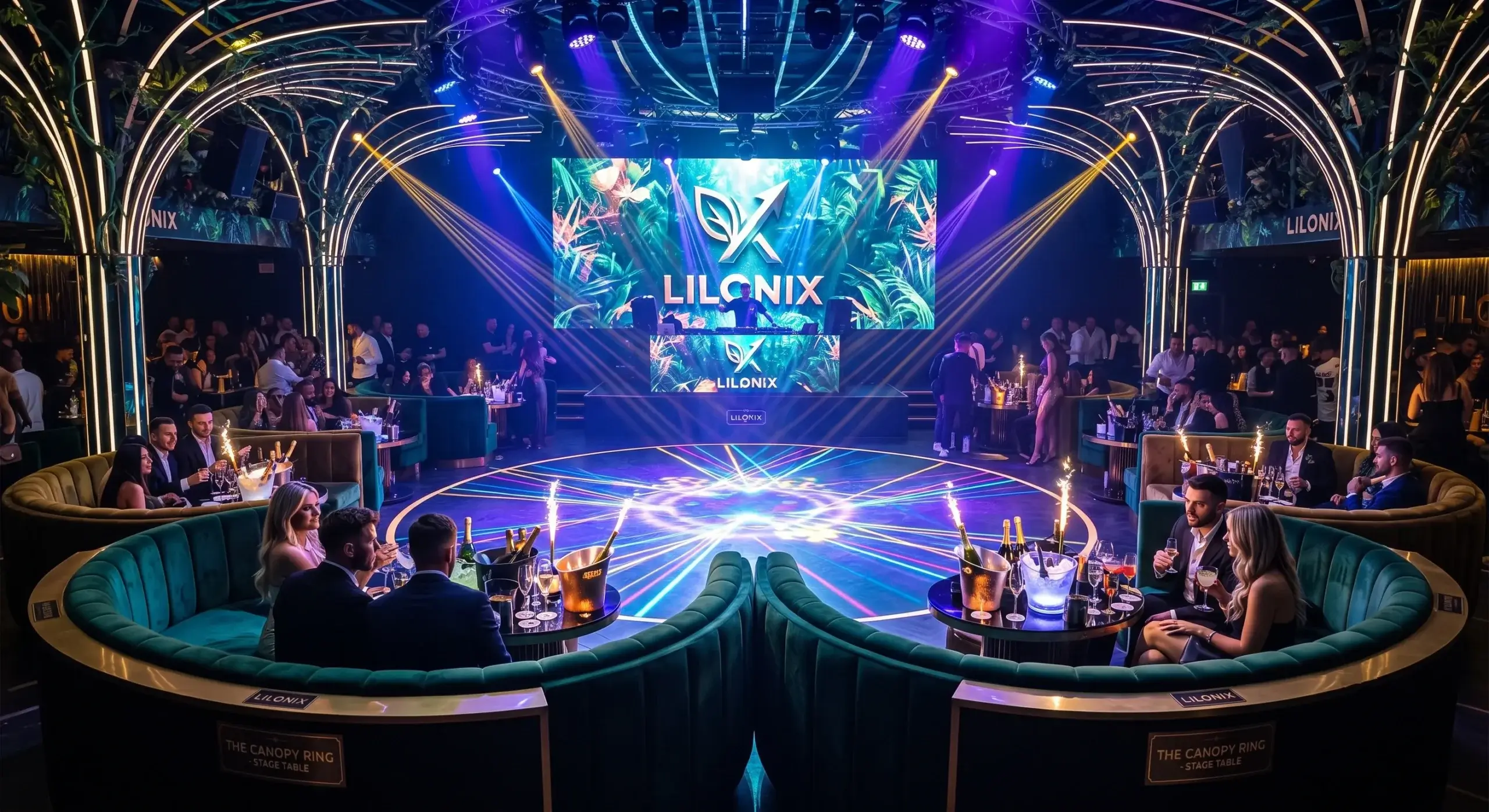 The Canopy Ring primary stage seating with vibrant lighting and guests in Las Vegas, USA