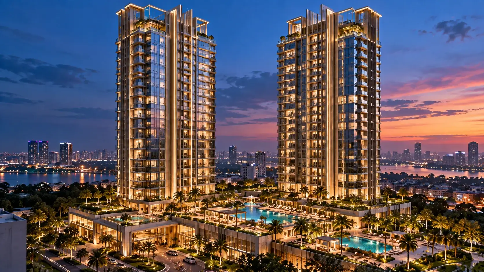 Twilight view of twin high-rise buildings with luxury amenities. — Commercial Exterior Rendering Company In San Diego