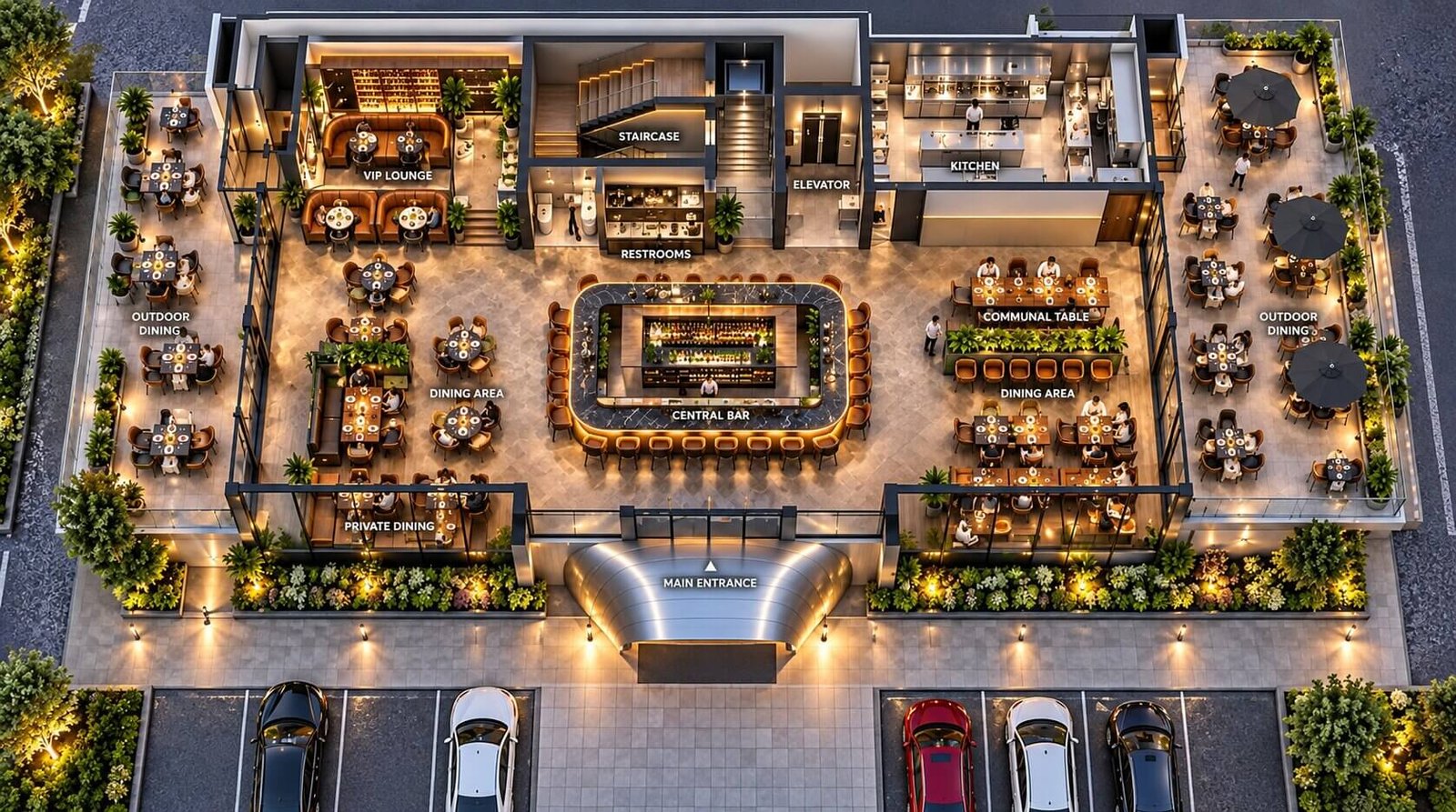 Commercial restaurant bar 3D floor plan layout
