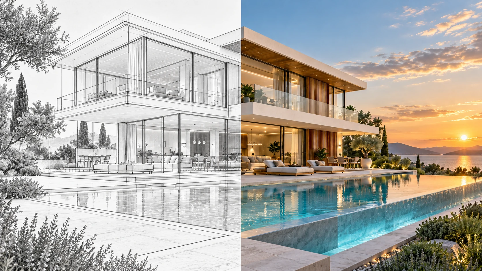 Luxury villa split between a black and white architectural wireframe and a finished photorealistic render