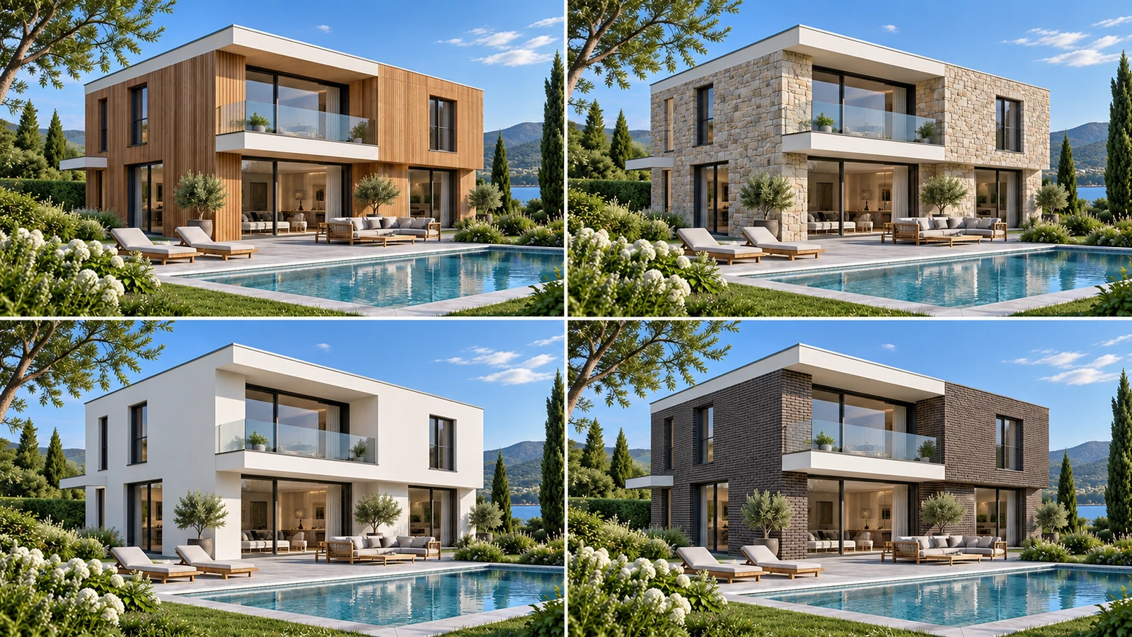 Four facade material options for a modern villa with timber stone white stucco and dark brick