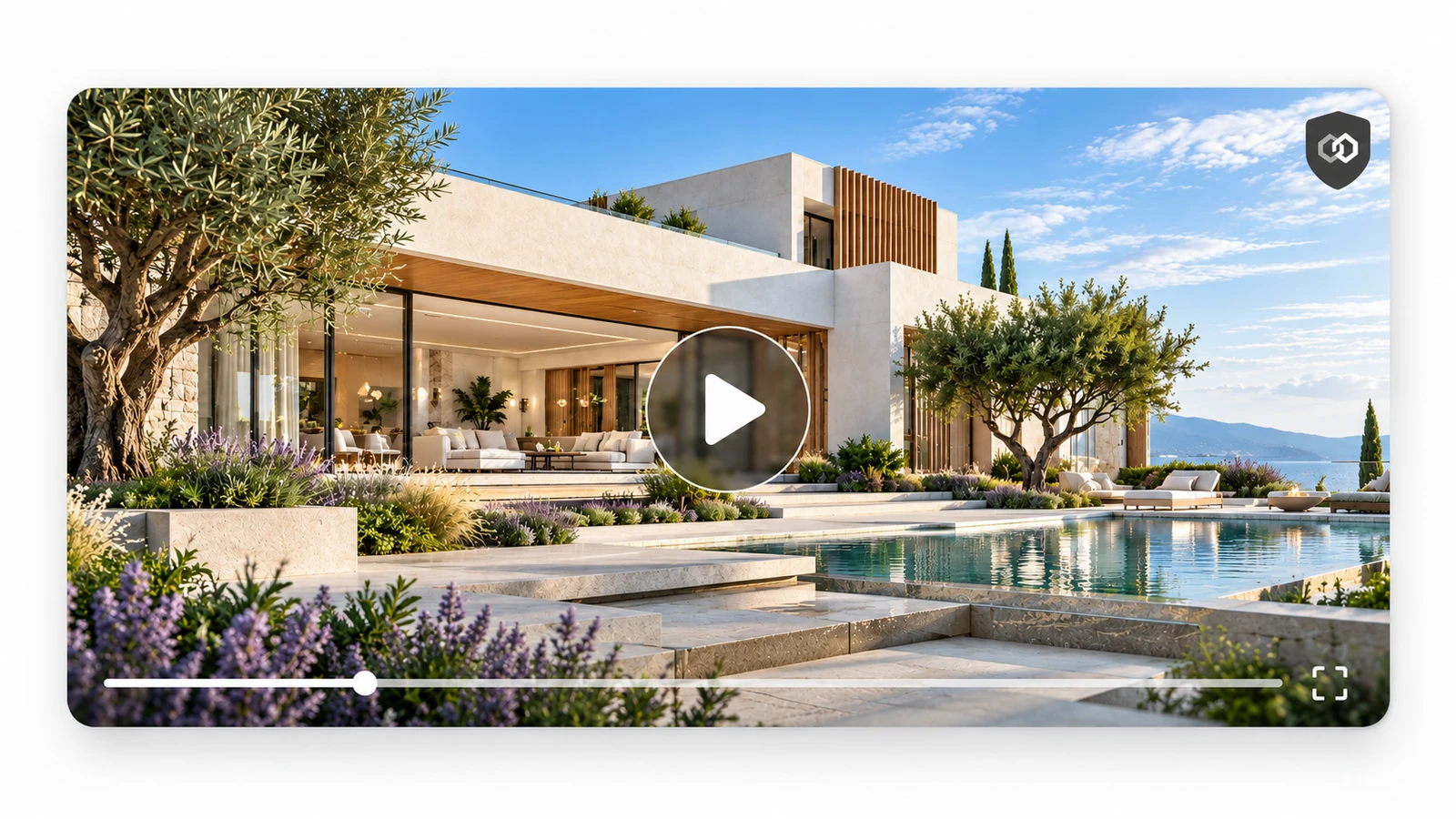 Luxury villa walkthrough video player mockup with a neutral shield badge and playback controls