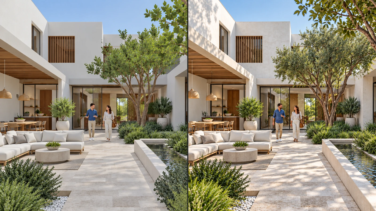 Courtyard rendering comparison showing improved vegetation people materials and lighting