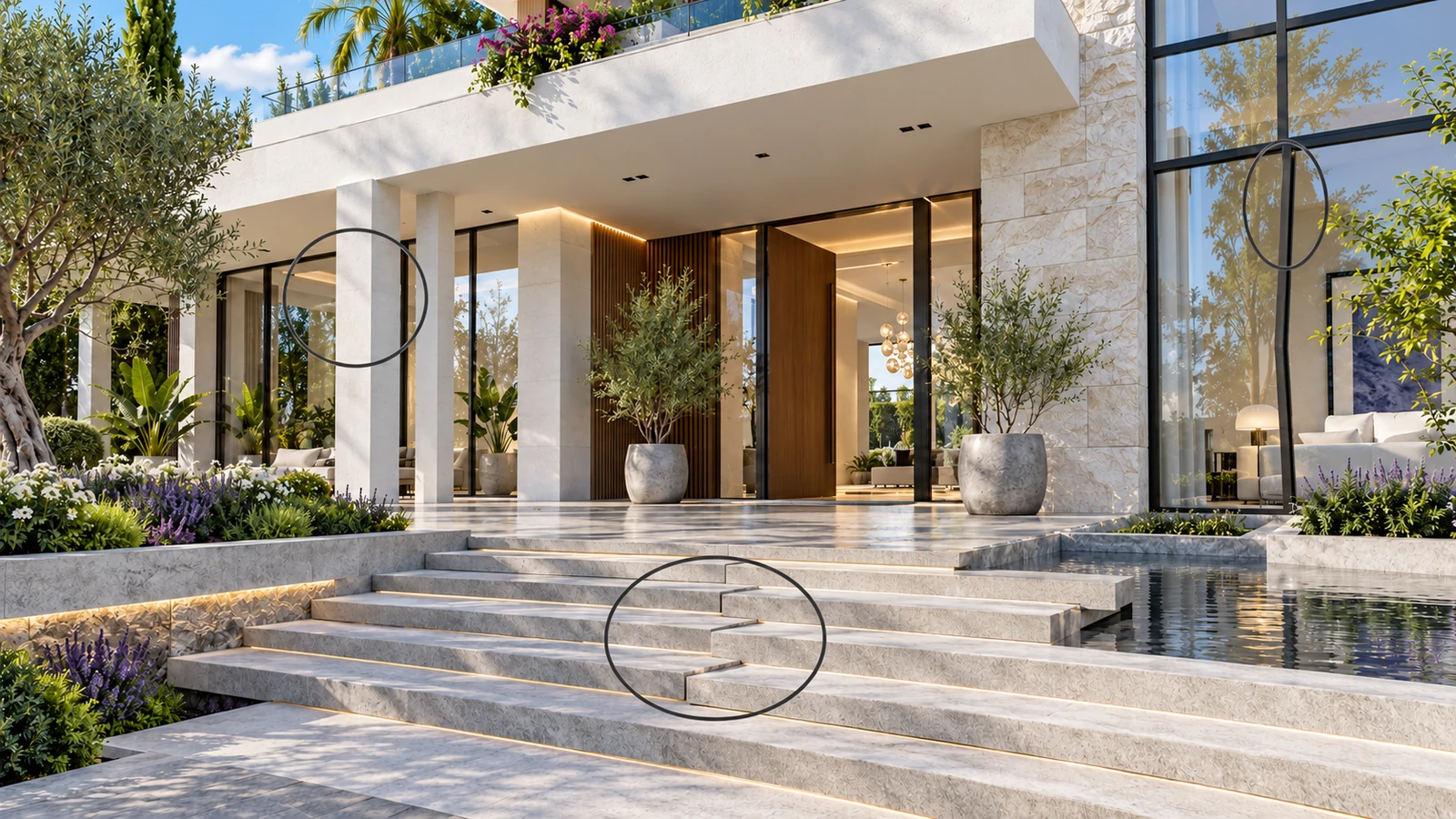 Modern entrance with three circled geometry issues in columns window framing and staircase alignment