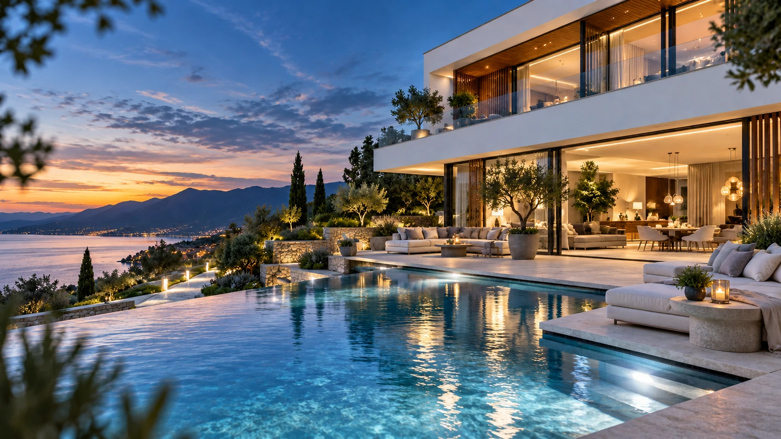 Modern luxury pool house at dusk with warm interior lighting and rippling water reflections
