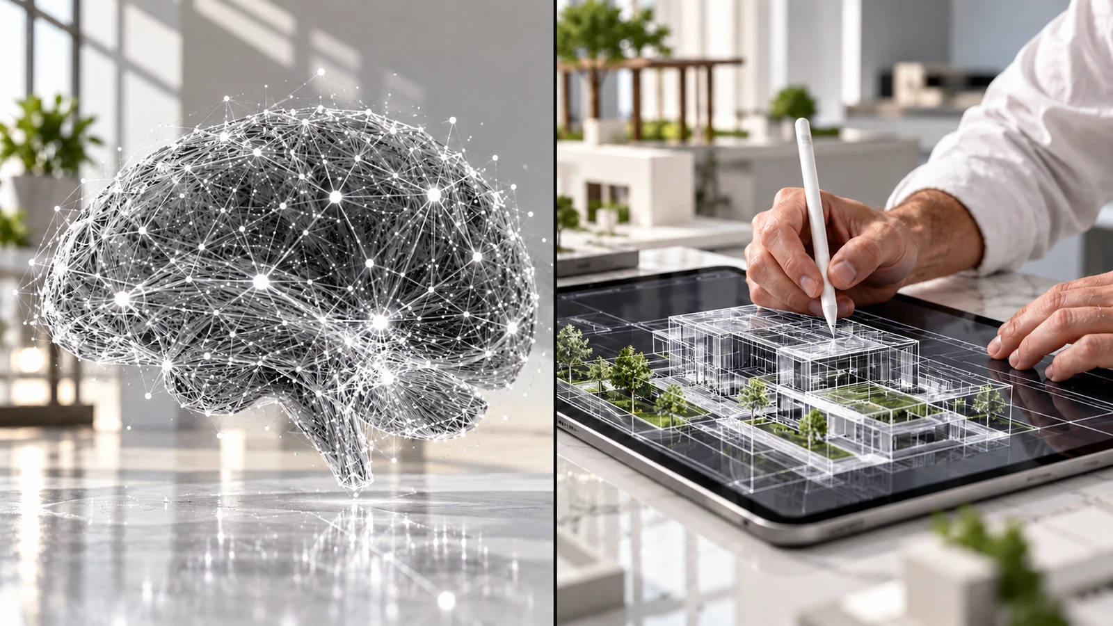 Monochrome neural network beside an architect drawing a building wireframe on a tablet