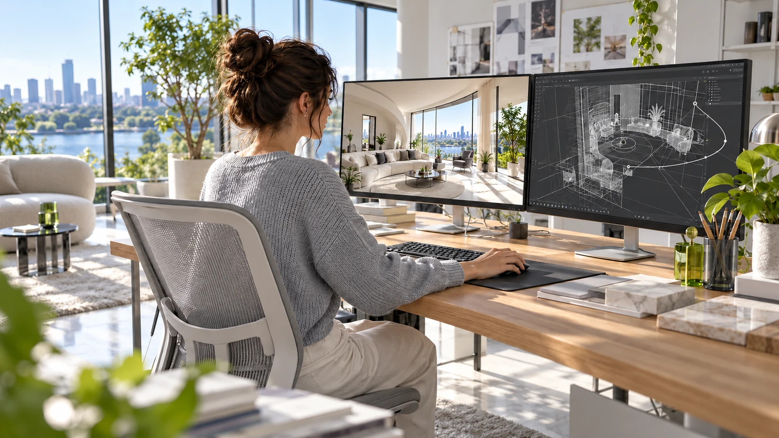 Architectural visualization artist working with an interior render and monochrome 3D viewport