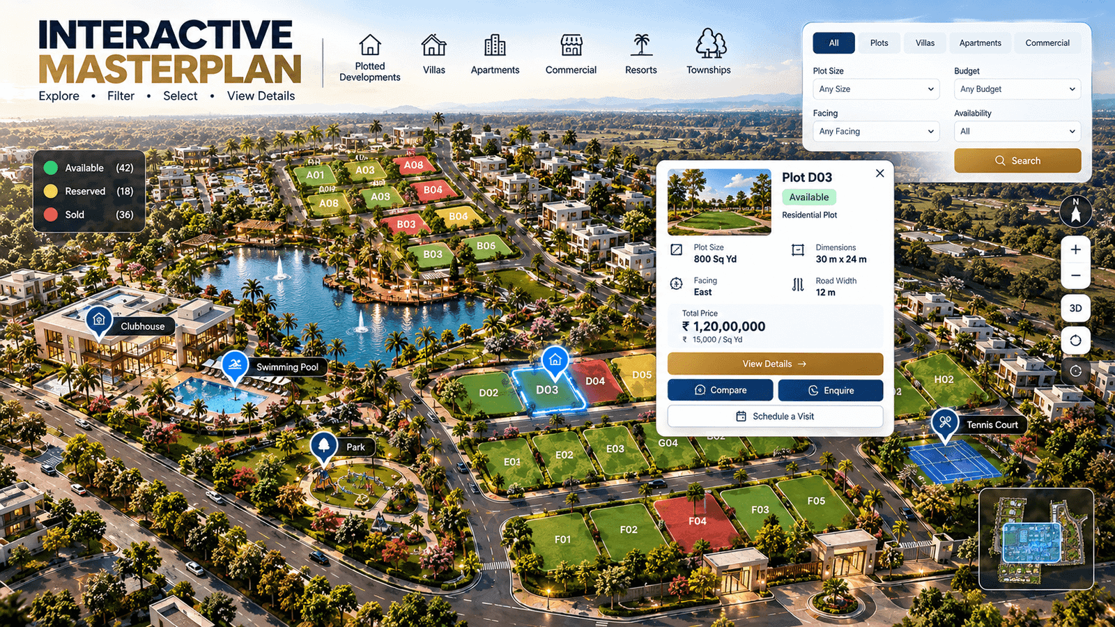 Interactive masterplan rendering for real estate in Miami.