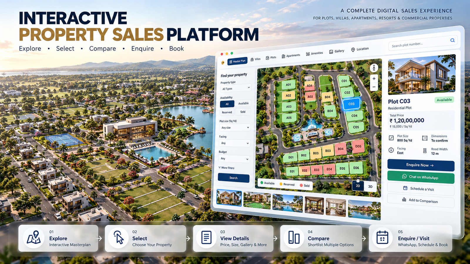 ArchitecturaInteractive real estate sales platform interface featuring 3D property masterplan, plot avl Visualization project
