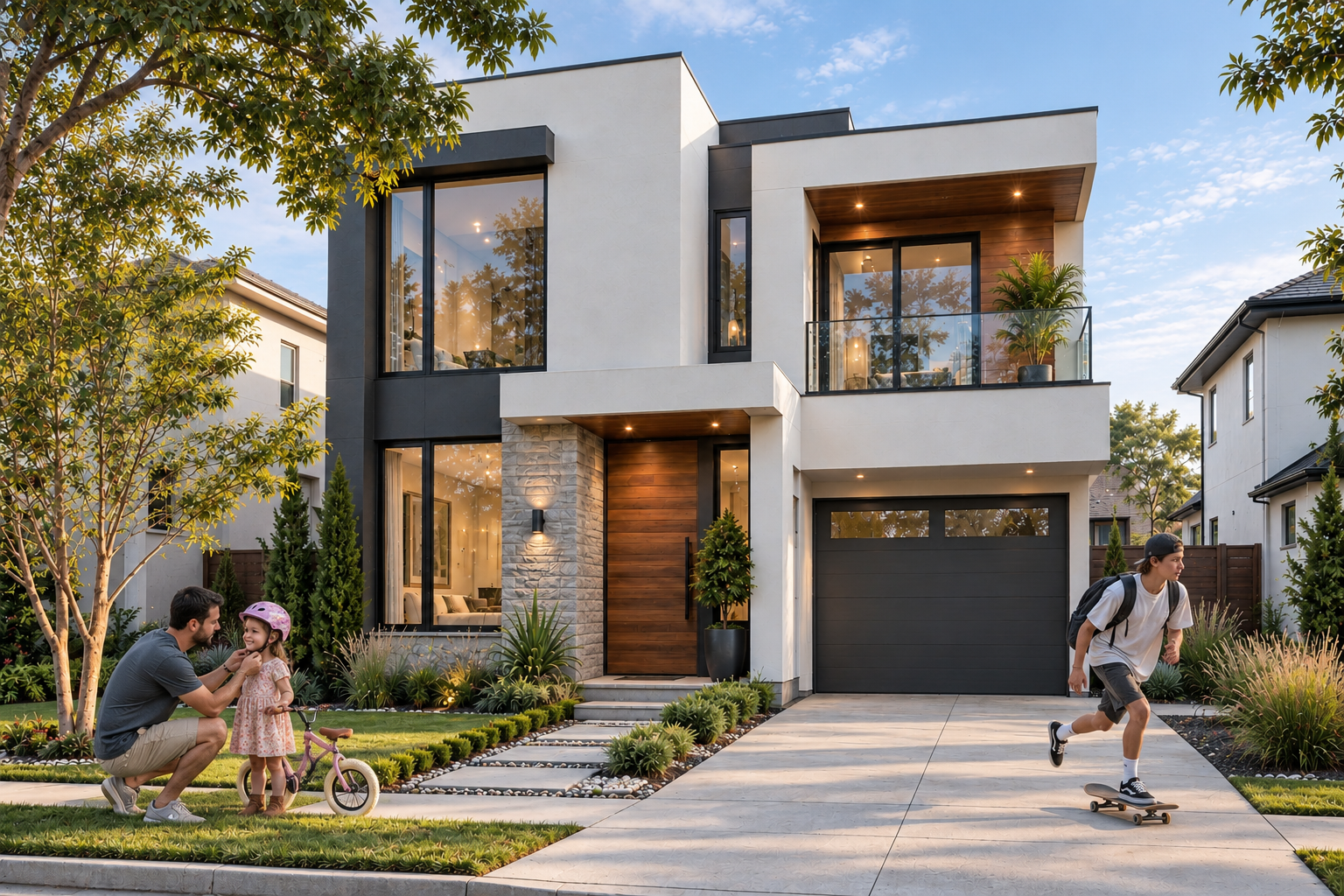 Modern two-storey home dusk 3D exterior rendering in Dallas — 3D House Exterior Rendering Usa