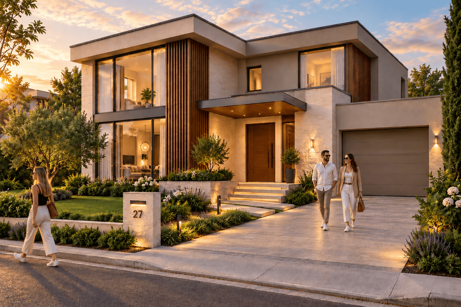 Modern two-storey villa dusk 3D exterior rendering in Dallas