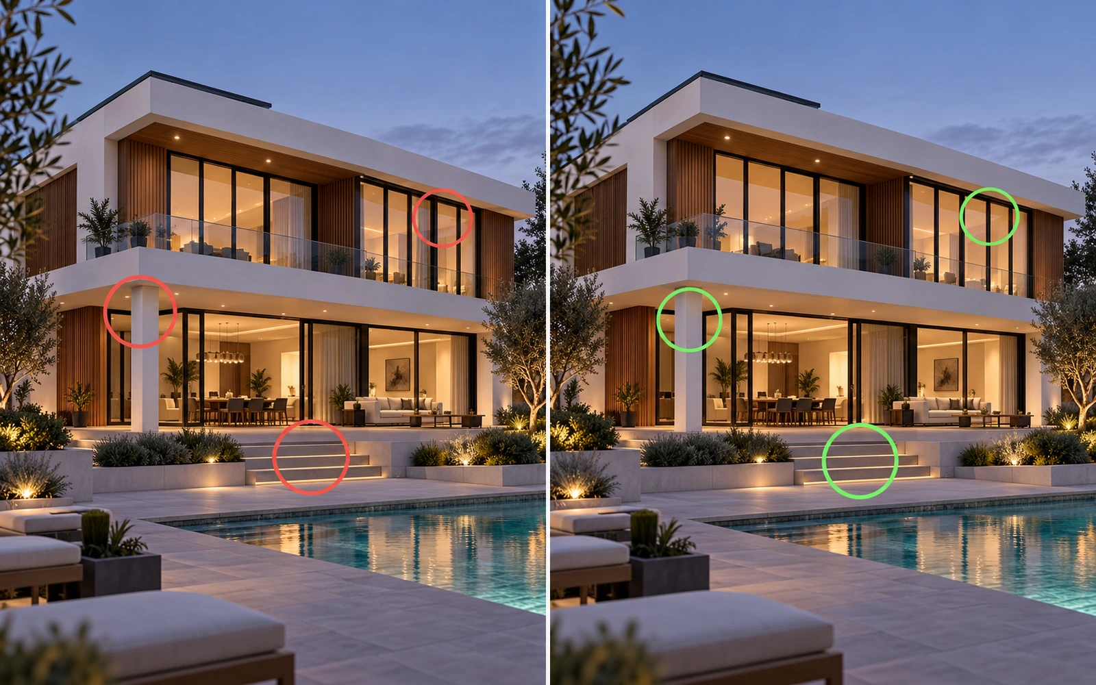 Left: AI-generated villa with altered windows and extra column. Right: 3D render matching the drawing