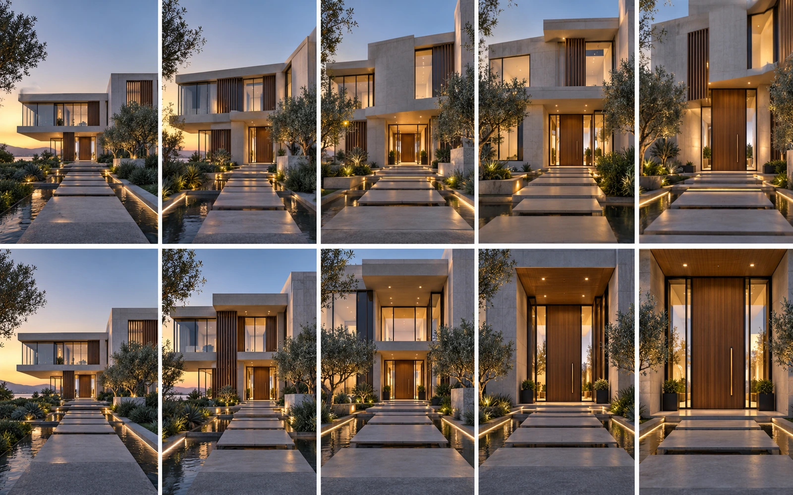 Top strip: AI video frames where the building morphs. Bottom strip: stable frames from a 3D walkthrough