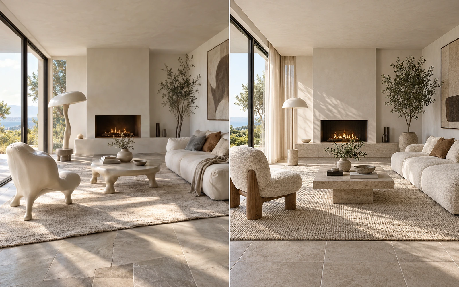 Left: AI interior with generic furniture. Right: 3D interior with the exact specified furniture and finishes