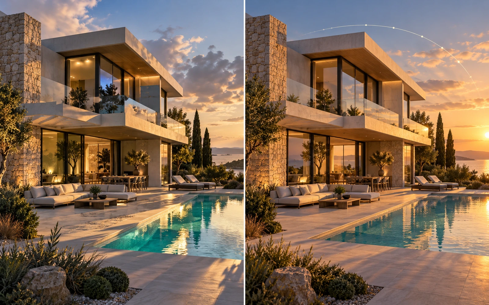 Left: AI image with inconsistent shadow directions. Right: 3D render with physically correct sun and shadows