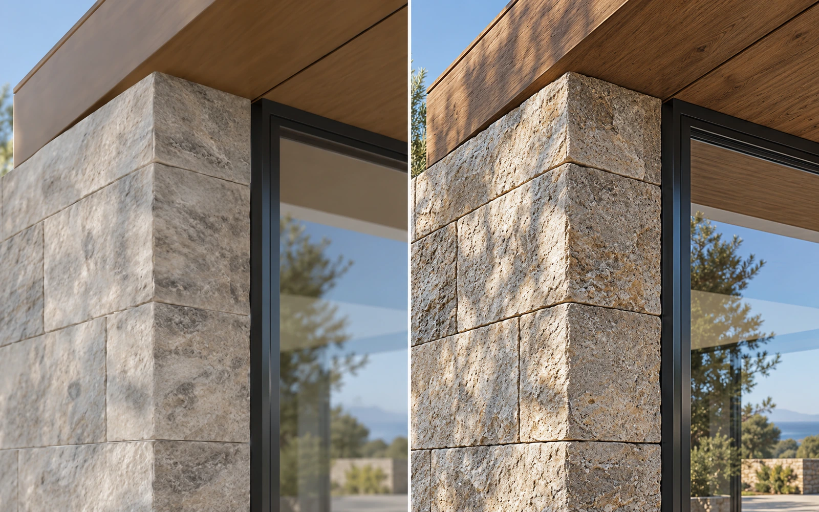 Left: AI facade with smoothed, repeating texture. Right: 3D render with true stone joints and timber grain